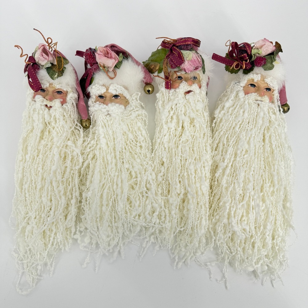 4 Vintage Santa Plastic Heads‎ Hanging Ornaments Pink Hats Flowers Yarn Beard